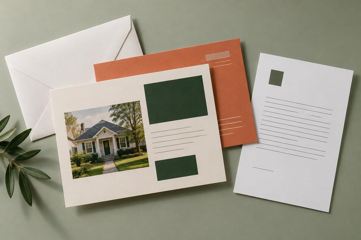 Illustrative postcard, letter and envelope arrangement