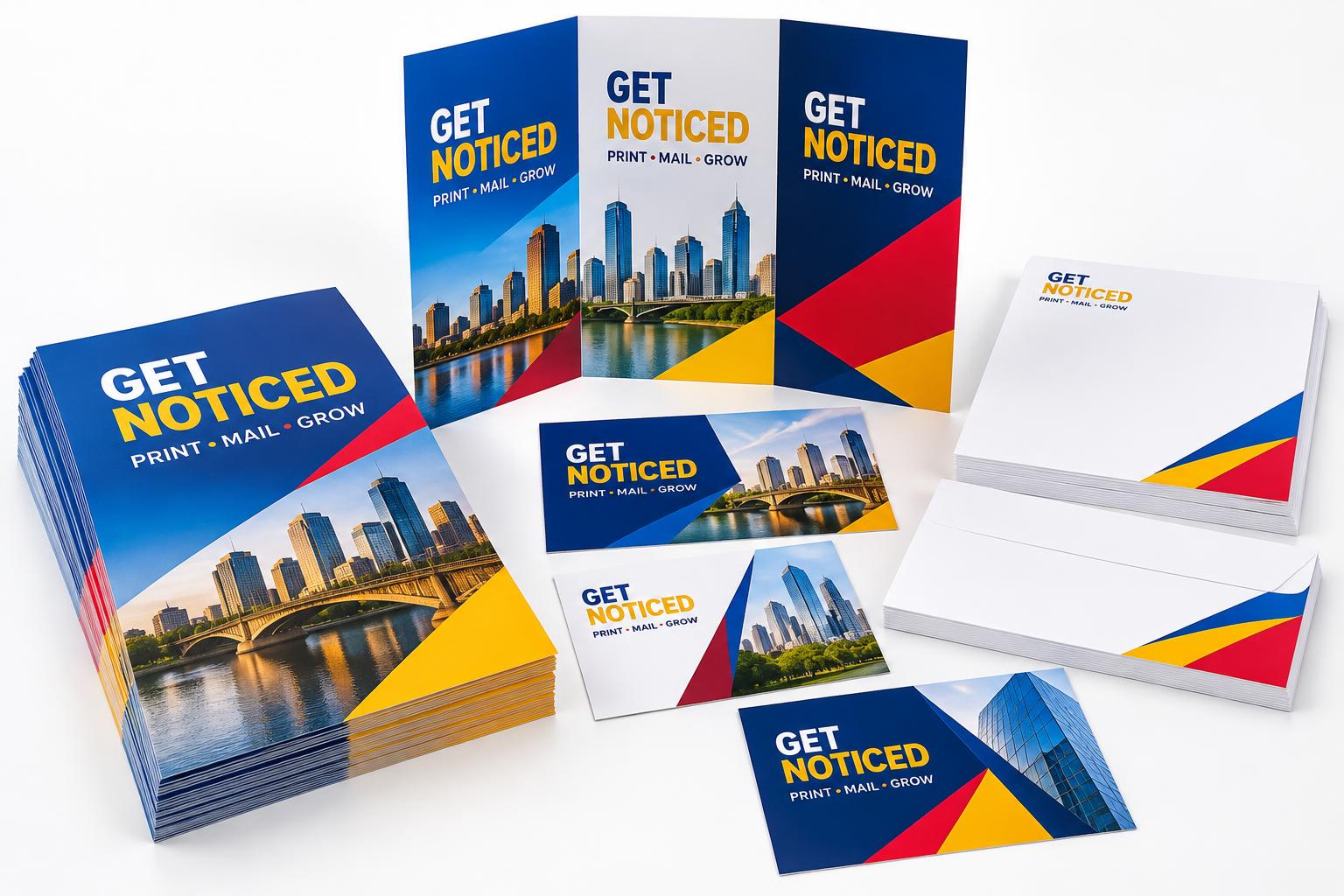 Illustrative stack of printed flyers, brochures and postcards